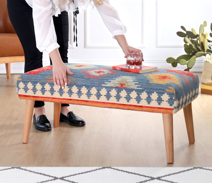 Atelier Del Sofa Banco Azul Algodón Lino Patas Haya 91x46x42 cm Comodidad y Estilo